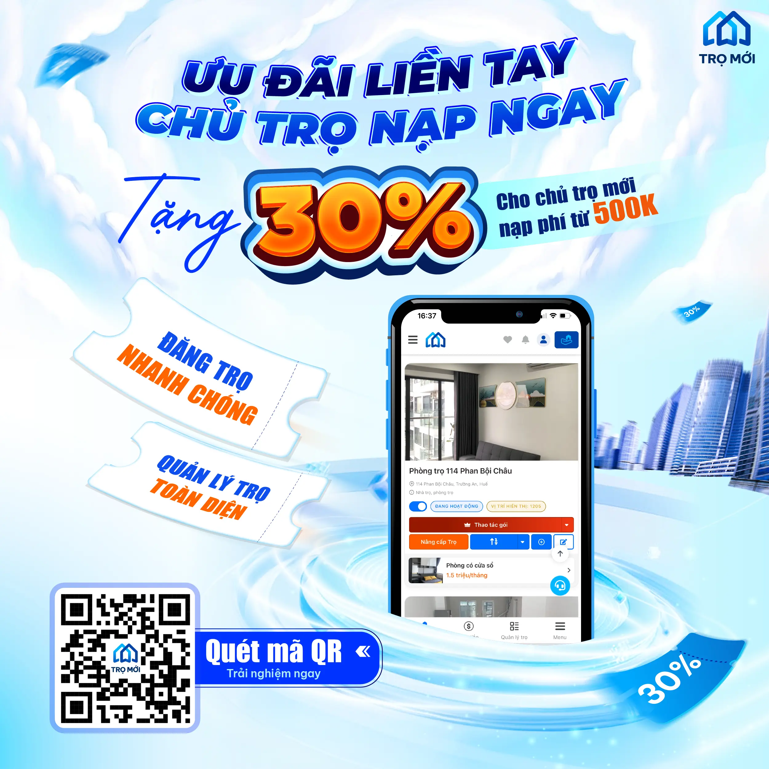 Tặng 30% cho chủ trọ mới nạp 500k