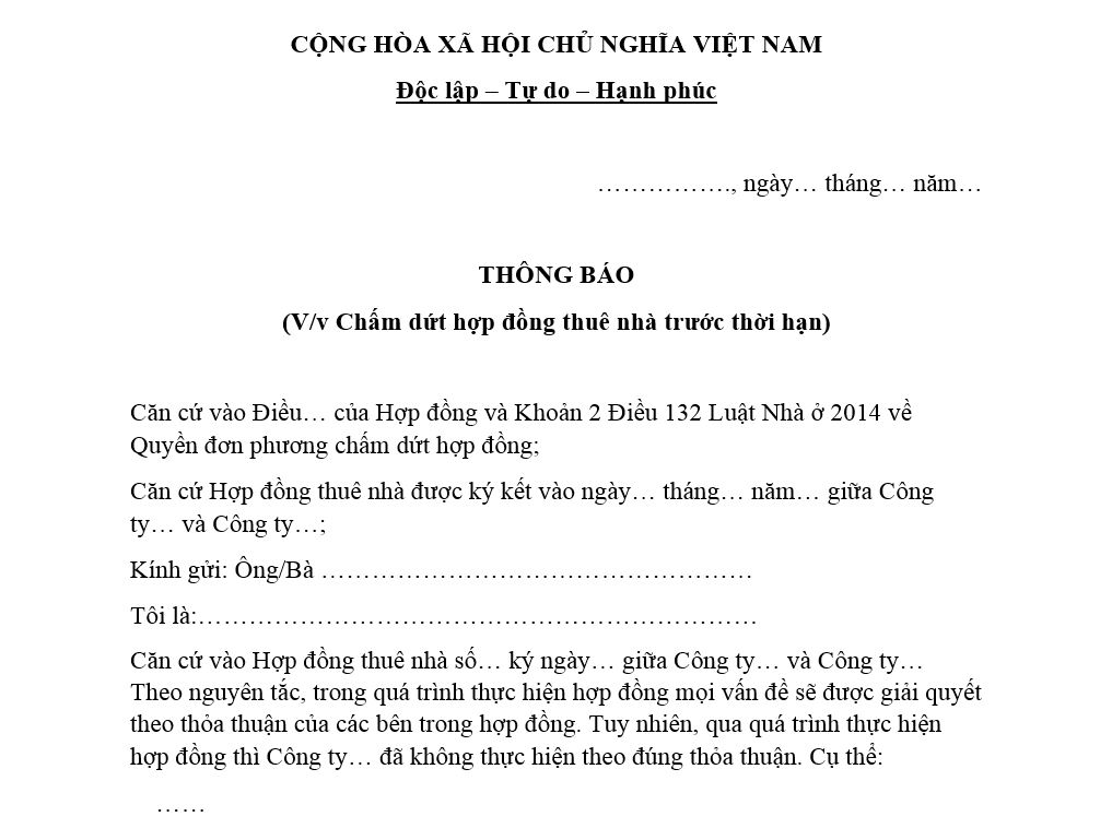 Mẫu thông báo chấm dứt hợp đồng thuê nhà trước thời hạn 2025